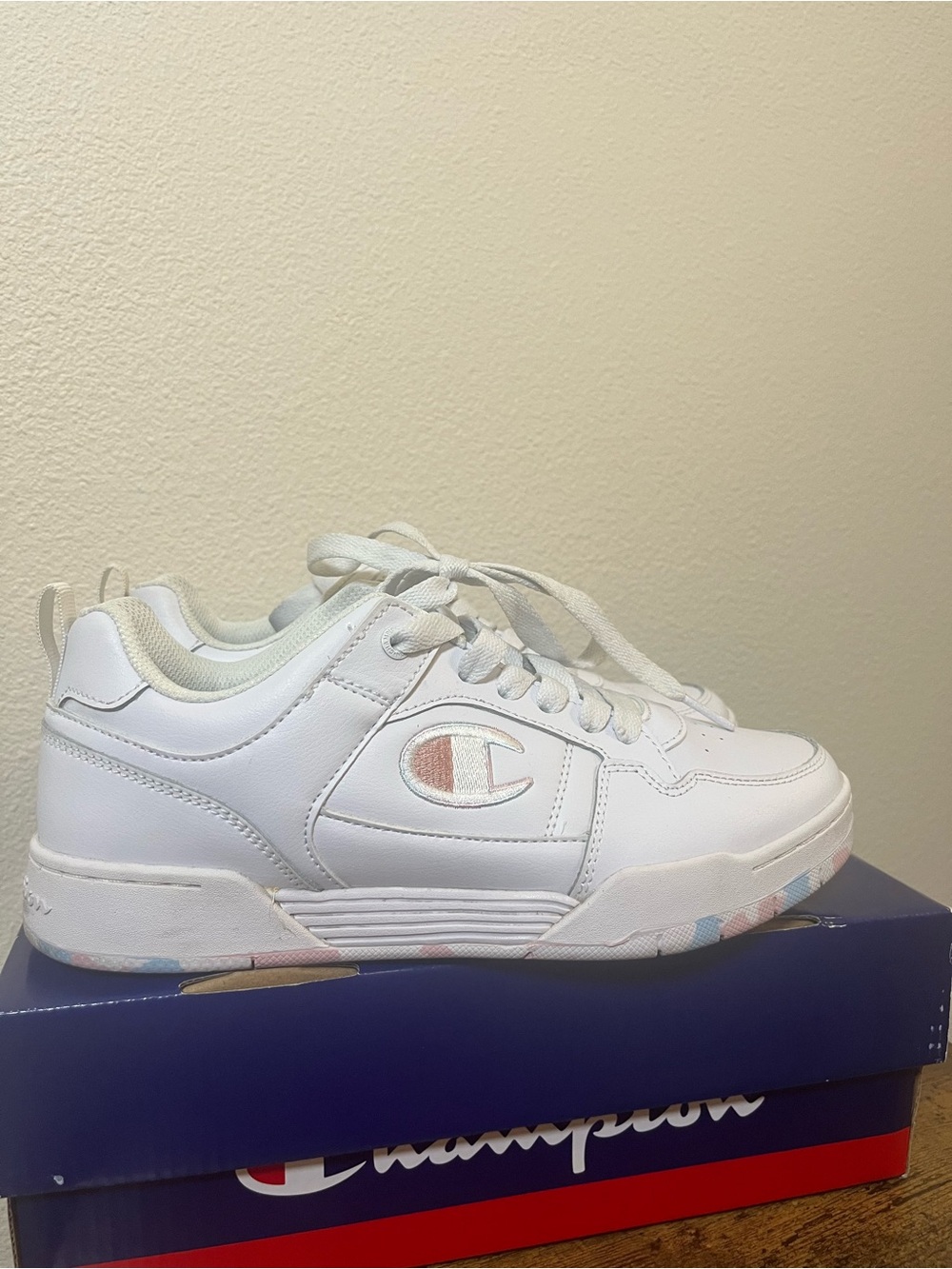 Champion Womens White Sneakers with Pastel Logo and Sole Accents